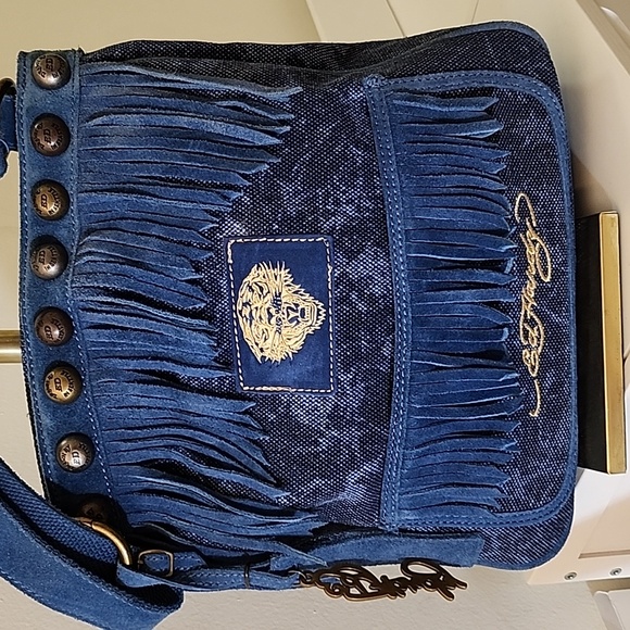 Ed Hardy Vintage Navy Felicia  Denim and Suede  Fringe Bag  Red Accents Rare- - Picture 5 of 16